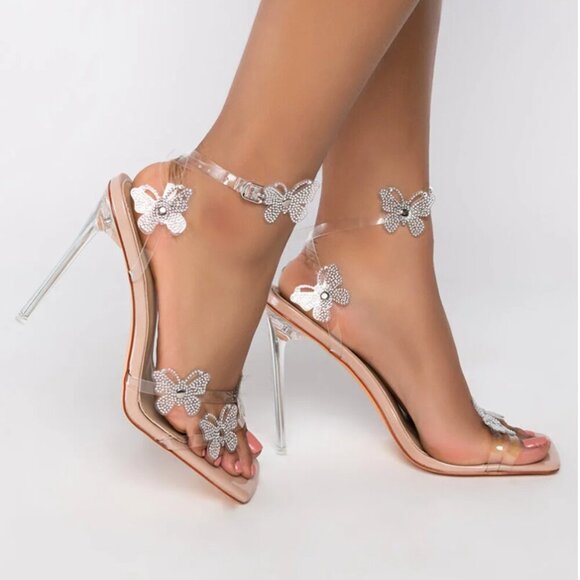 Azalea Wang Fly With Me High Heels Clear Butterfly Blinged Strappy Stiletto 10 - Picture 8 of 8